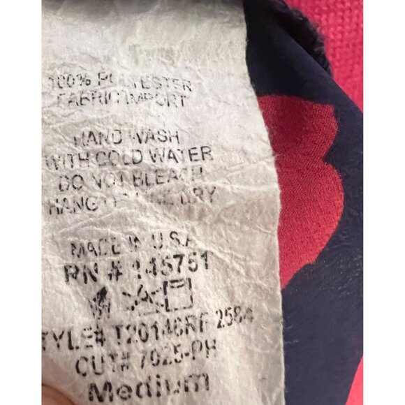 41 Hawthorn Navy & Red Modern Floral Playful Professional Split Neck Blouse M - Picture 6 of 7